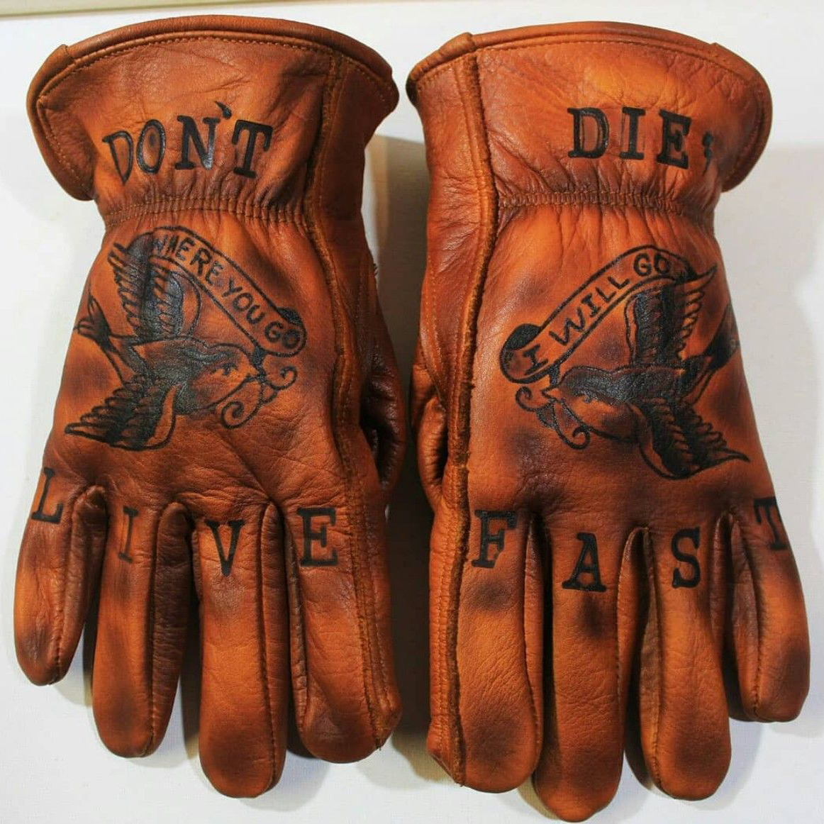 Vintage Biker Tattoo Style Hand Branded Leather Work Gloves