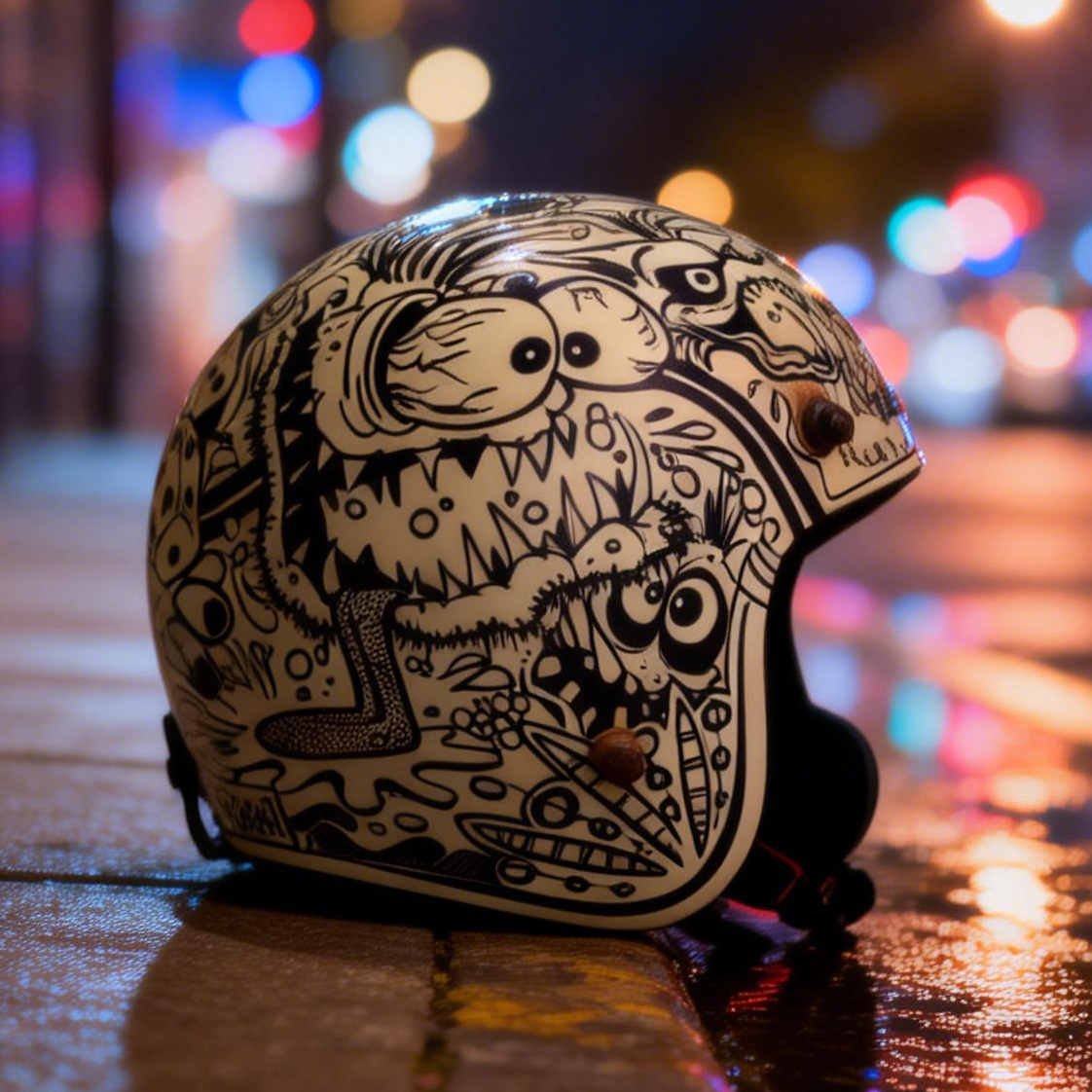 Street Doodle Monster Graphic Retro Open Face Biker Helmet