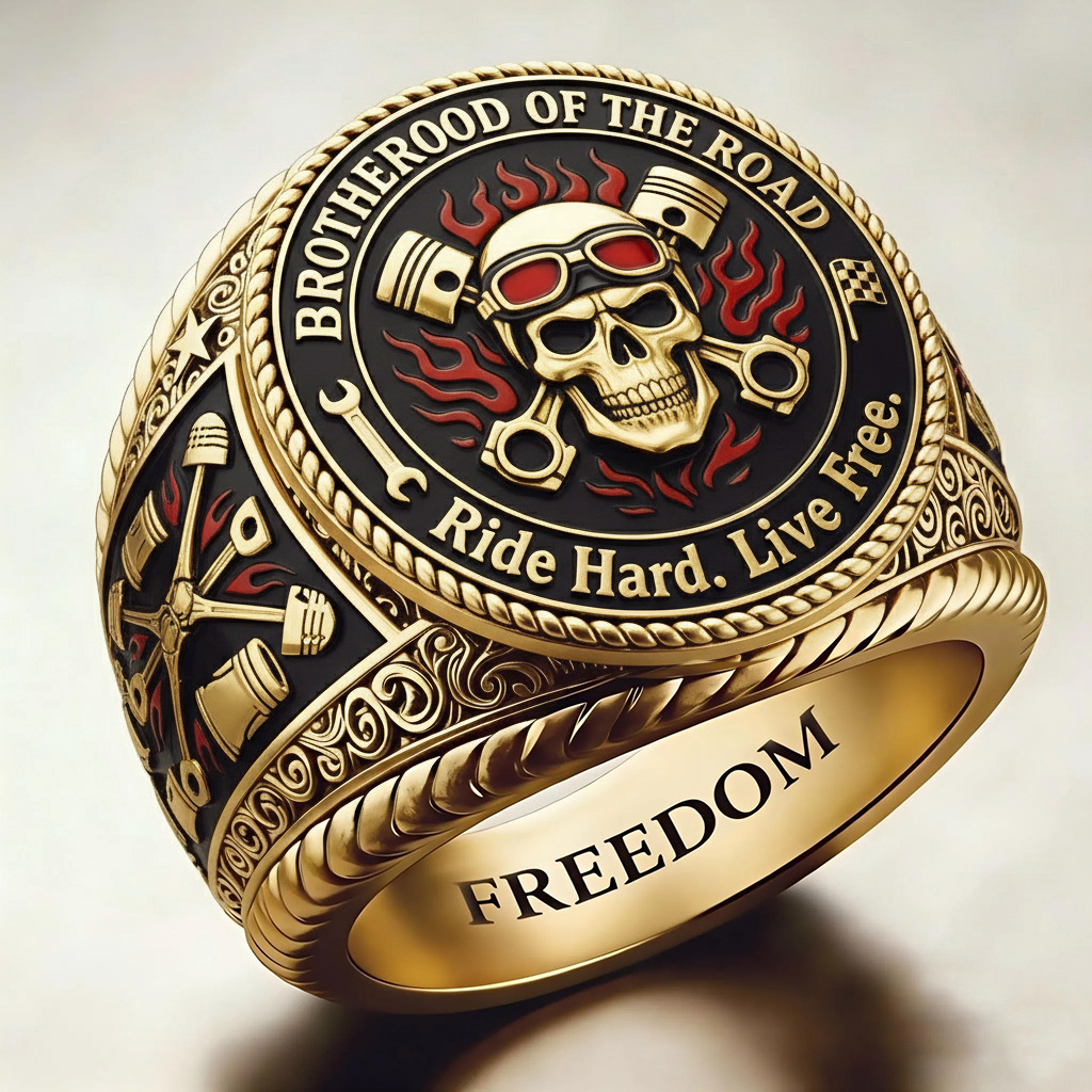 Biker Style Brotherhood of Road Skull Piston Statement Ring