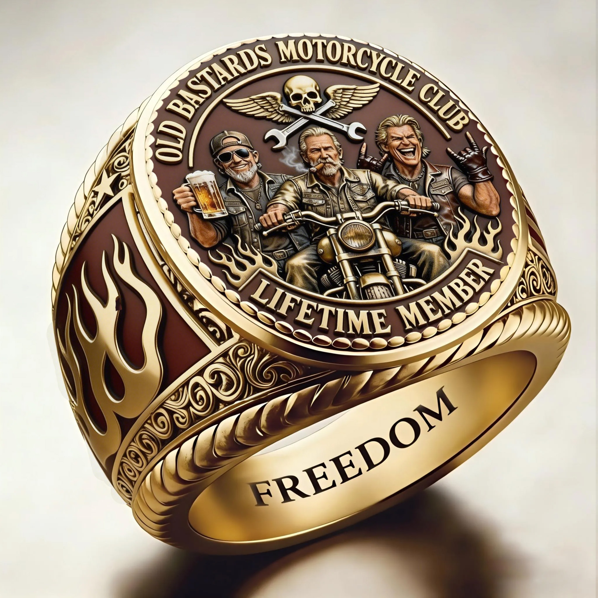 Biker Style Old Bastards Motorcycle Club Lifetime Member Gold Ring