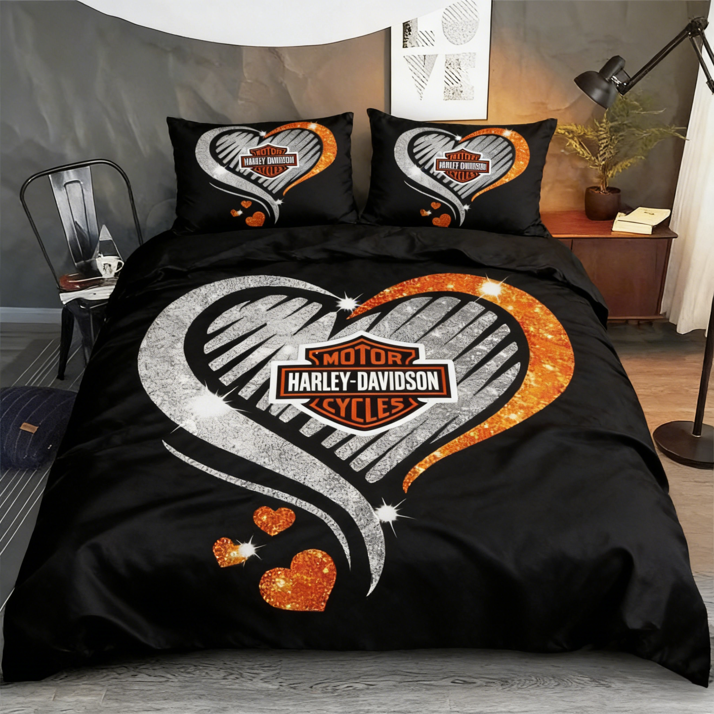 Retro Harley-Davidson style pattern 3-Piece Quilted Bedding Set
