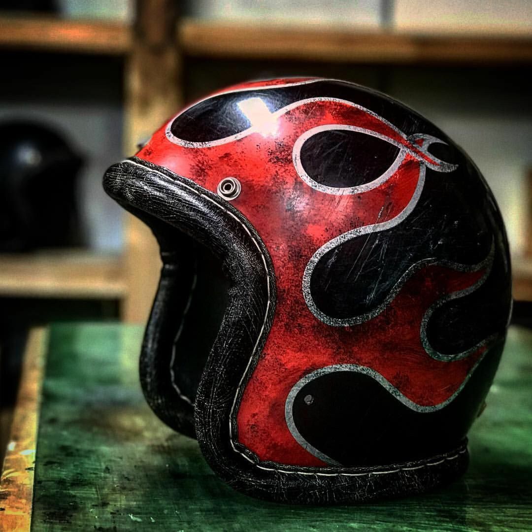 Old School Burnout Red & Black Distressed Flame Helmet