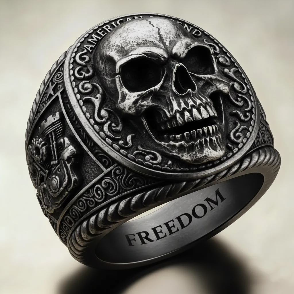 Biker Style Antique Silver Freedom Skull Piston Men Statement Ring