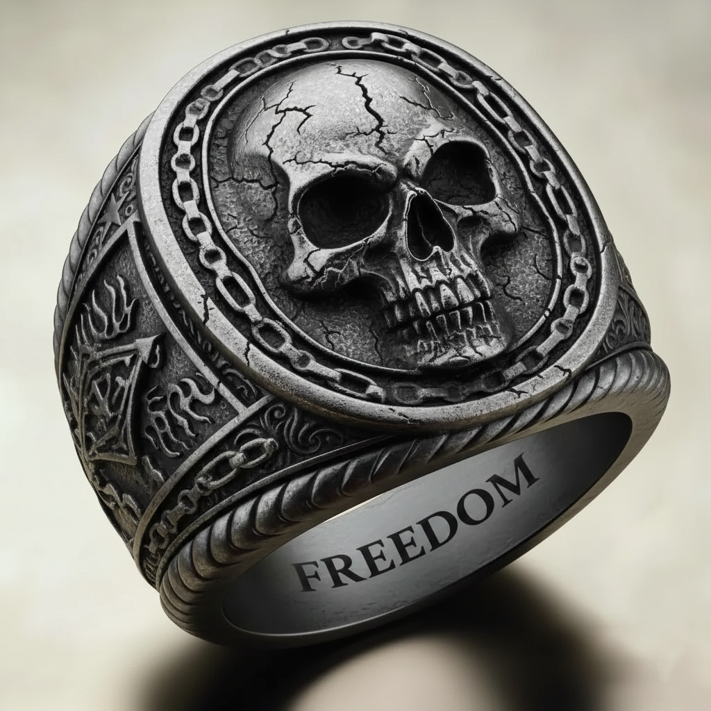 Biker Style Antique Silver Freedom Skull Flame Carved Band Ring
