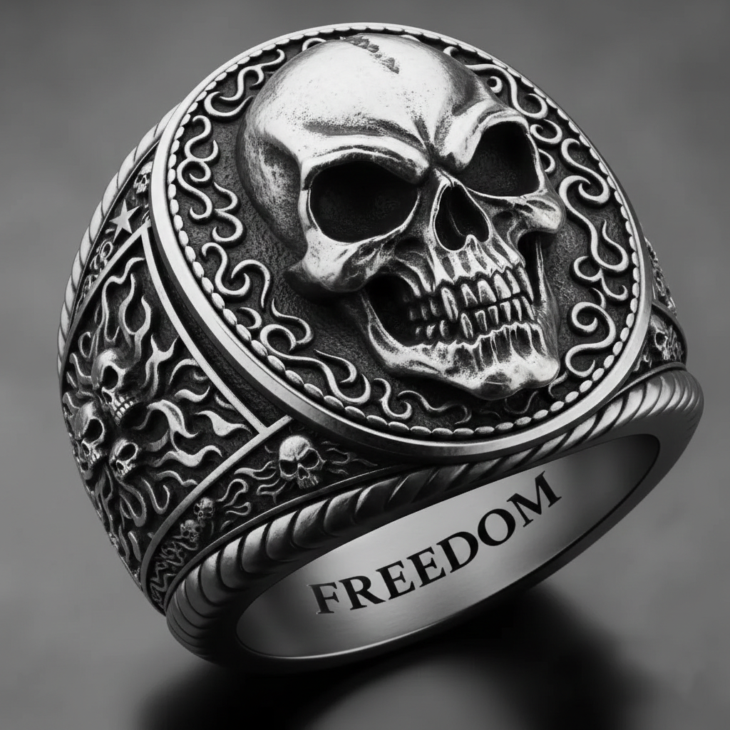 Biker Style Silver Freedom Skull Engraved Floral Mens Statement Ring