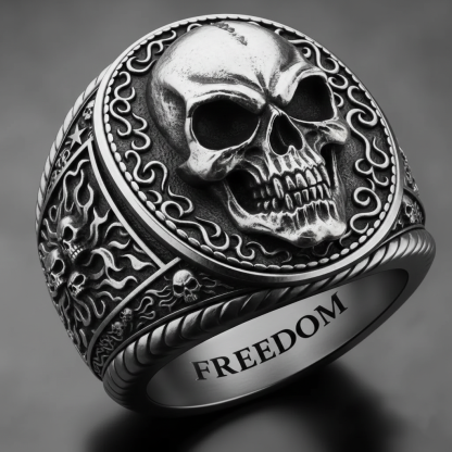 Biker Style Silver Freedom Skull Engraved Floral Mens Statement Ring