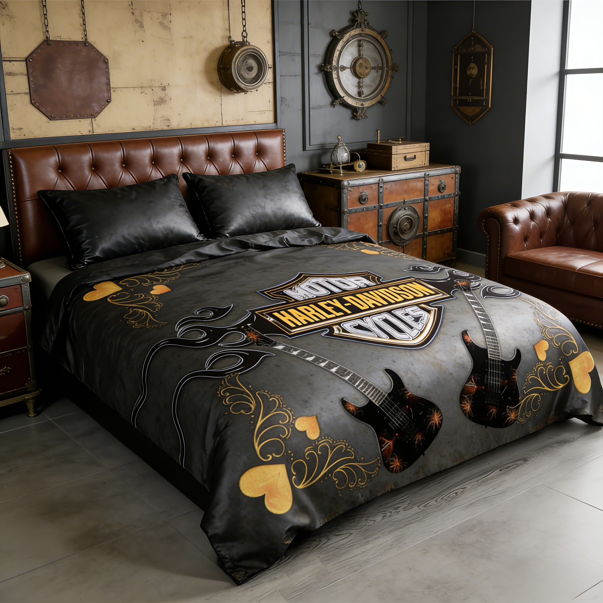 Retro Harley-Davidson style pattern 3-Piece Quilted Bedding Set