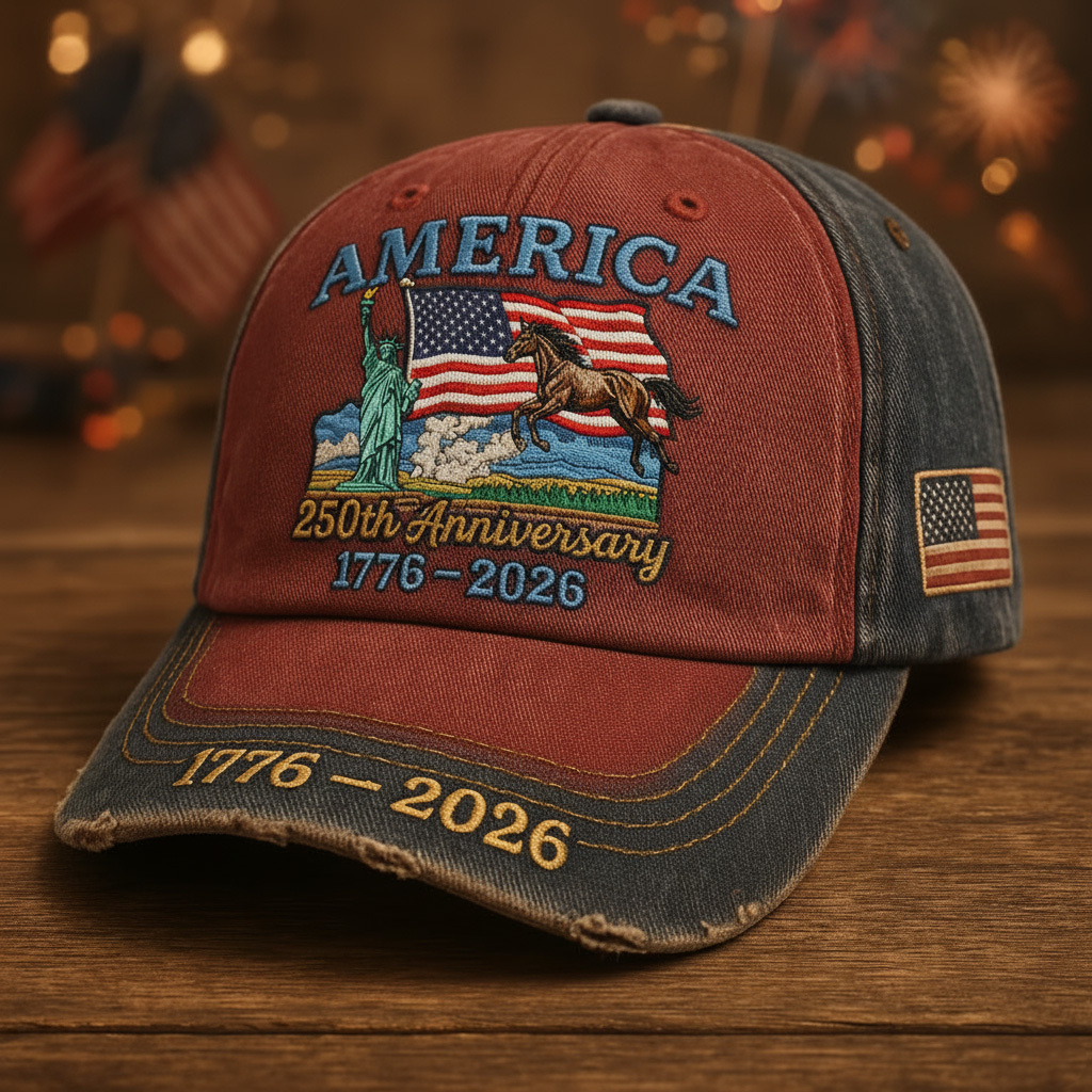 America's 250th Birthday Baseball Cap, Retro Distressed Hat with Statue of Liberty and Bald Eagle Elements