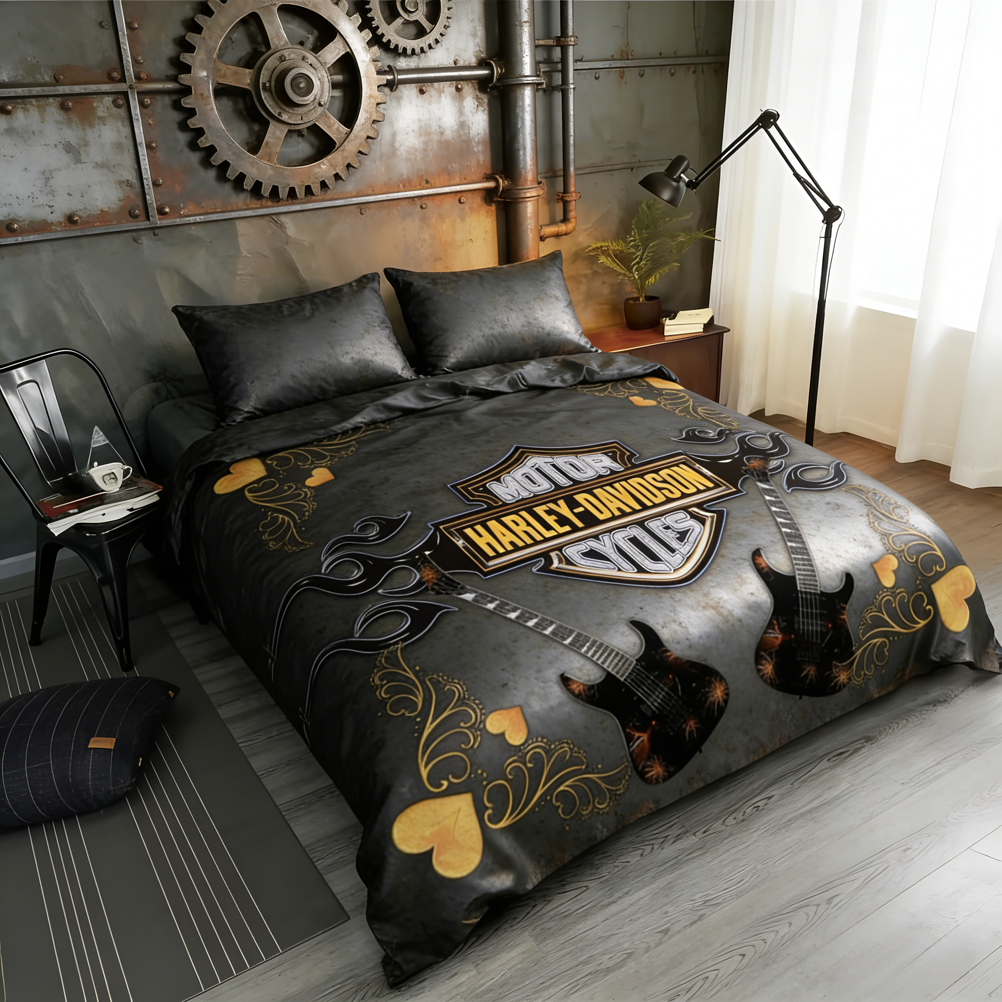 Retro Harley-Davidson style pattern 3-Piece Quilted Bedding Set