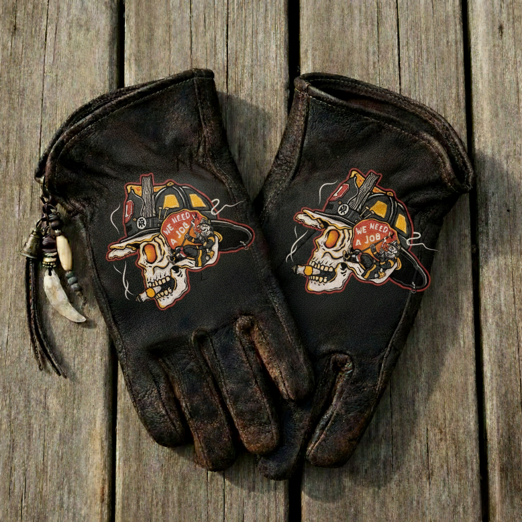 Vintage Distressed Firefighter Skeleton Graphic Leather Work Gloves