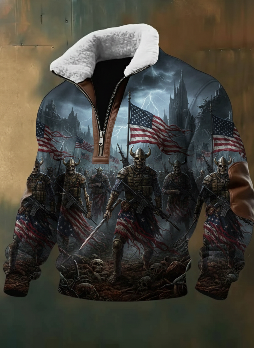 Gothic Undead Viking Warrior American Flag Print Sherpa Fleece Jacket