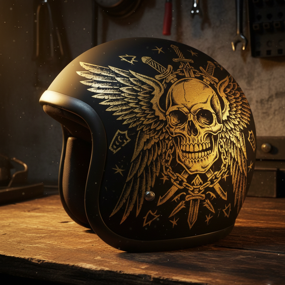 Gothic Tattoo Gold Winged Skull Matte Black Open Face Helmet