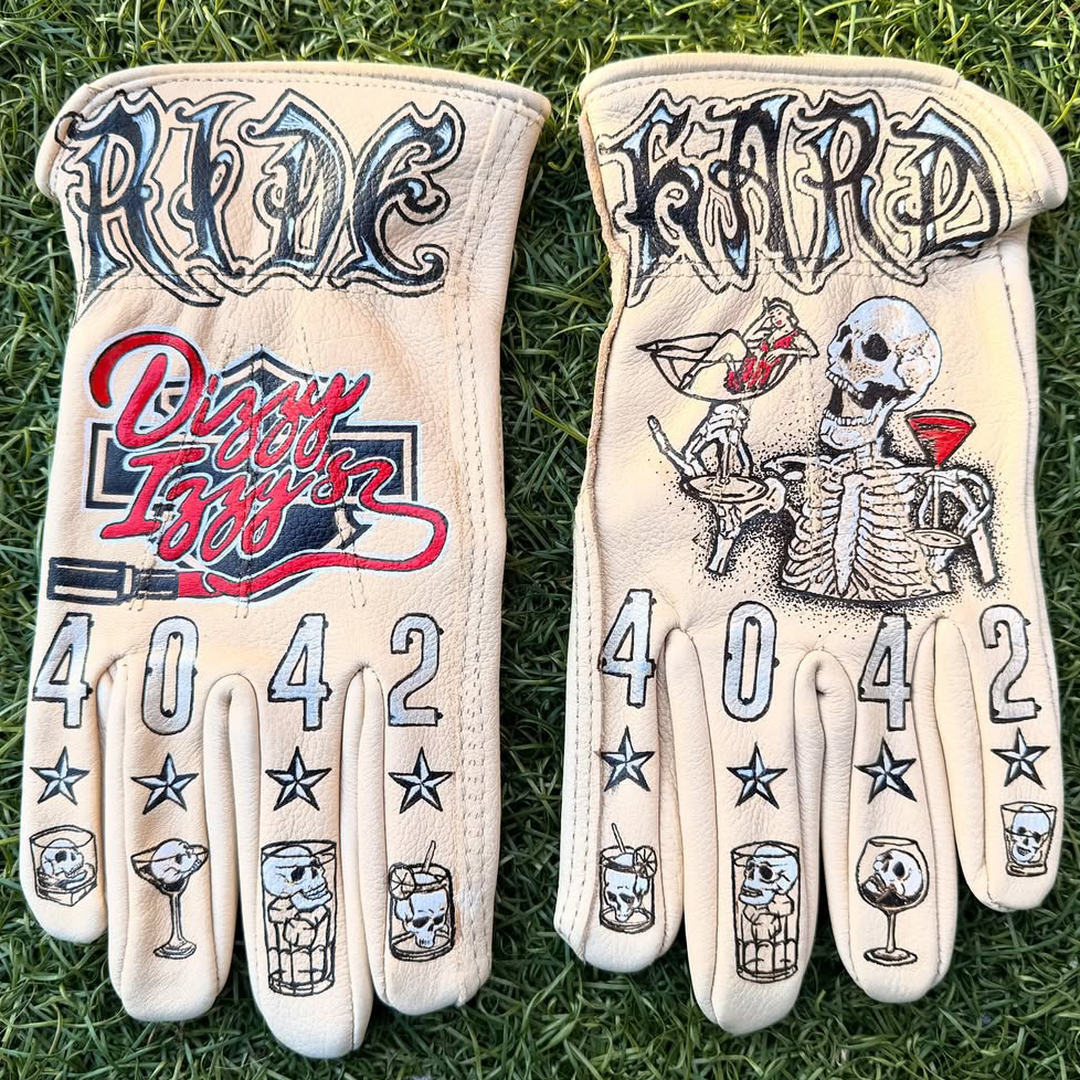Retro Lowrider Style Ride Hard Skeleton Graphic Leather Riding Gloves