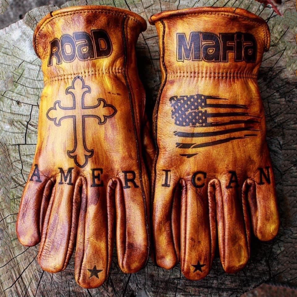 Patriotic Biker Style American Flag Cross Printed Yellow Leather Gloves