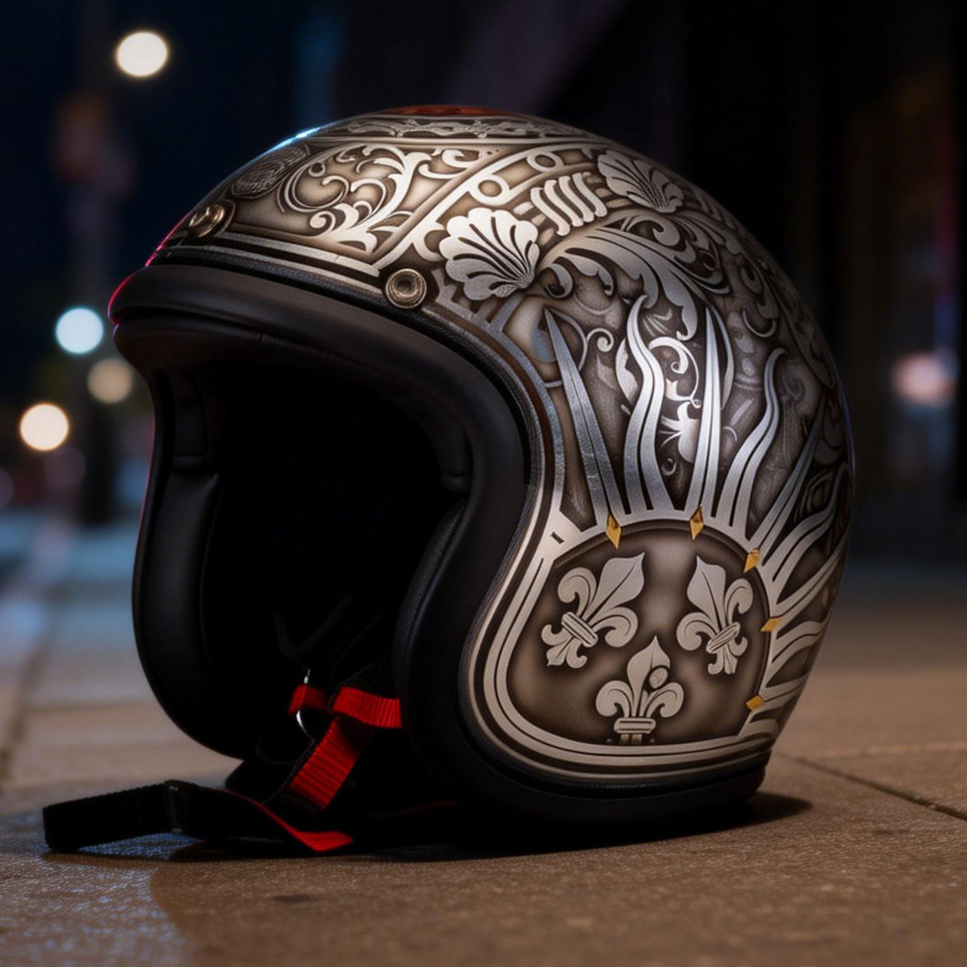 Baroque Engraving Style Silver Floral Retro Open Face Helmet