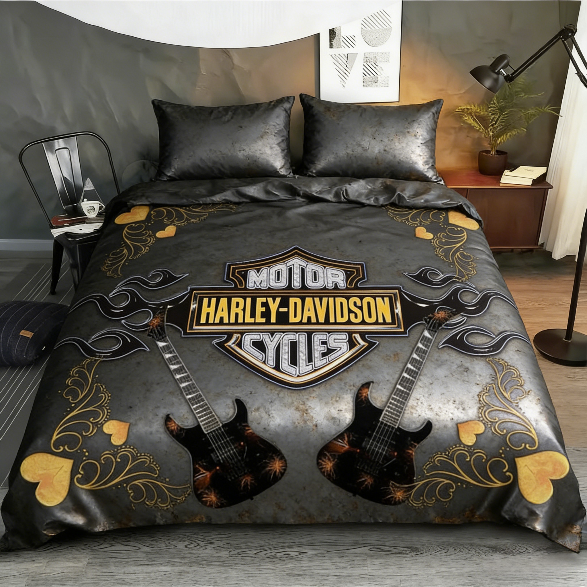 Retro Harley-Davidson style pattern 3-Piece Quilted Bedding Set