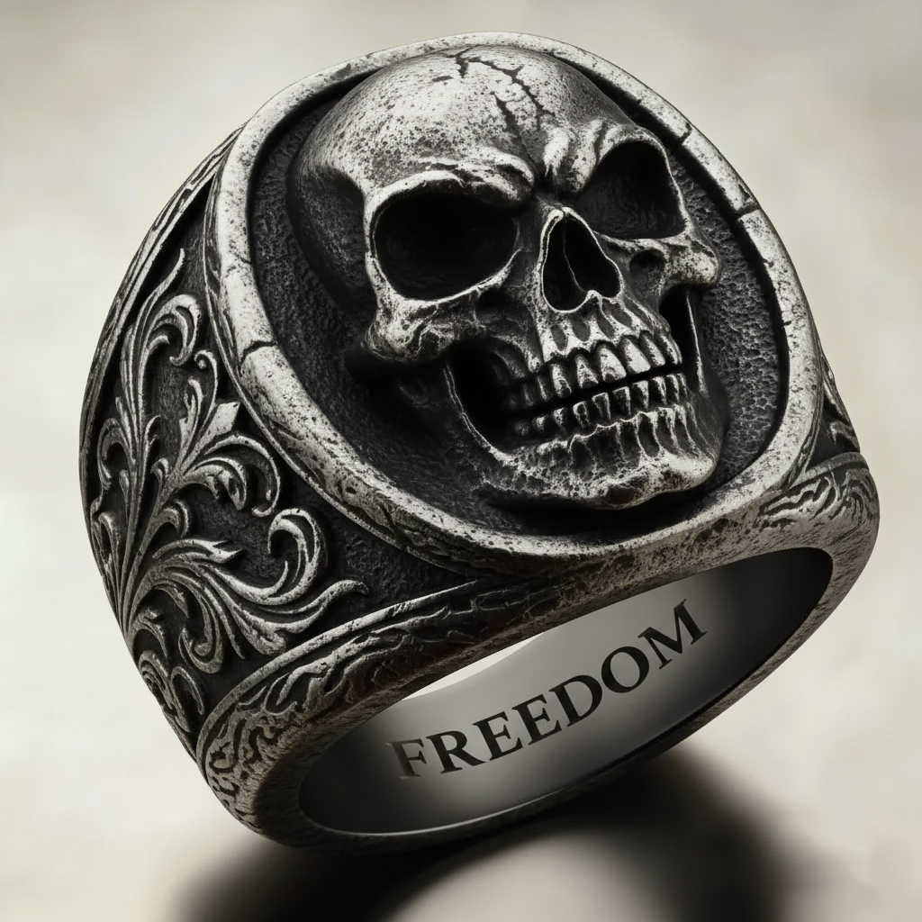 Biker Style Antique Silver Freedom Skull Flame Mens Statement Ring