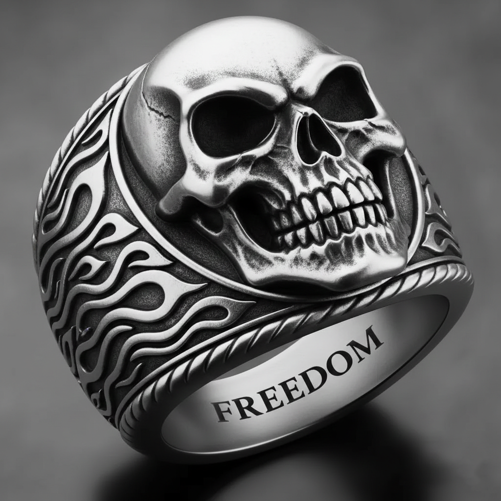 Biker Style Antique Silver Flame Skull Freedom Mens Statement Ring