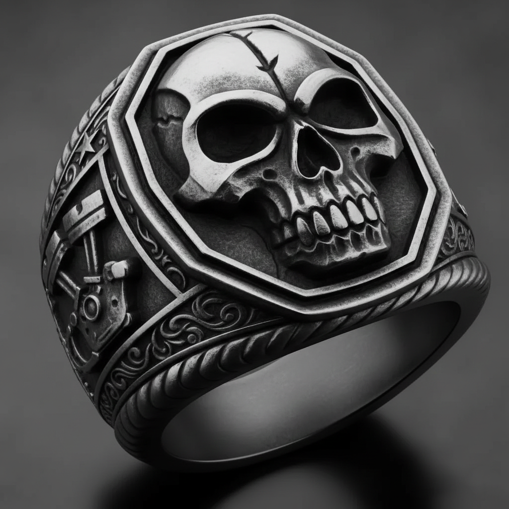 Biker Style Antique Silver Piston Skull Head Mens Statement Ring