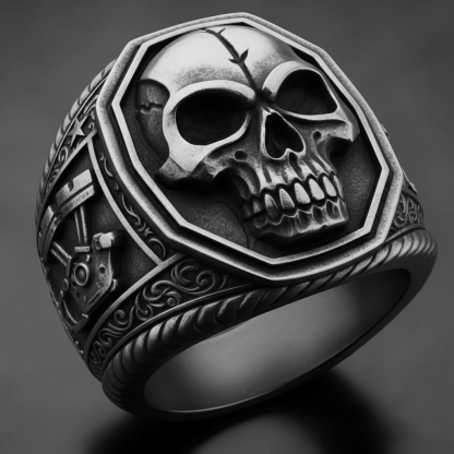 Biker Style Antique Silver Piston Skull Head Mens Statement Ring
