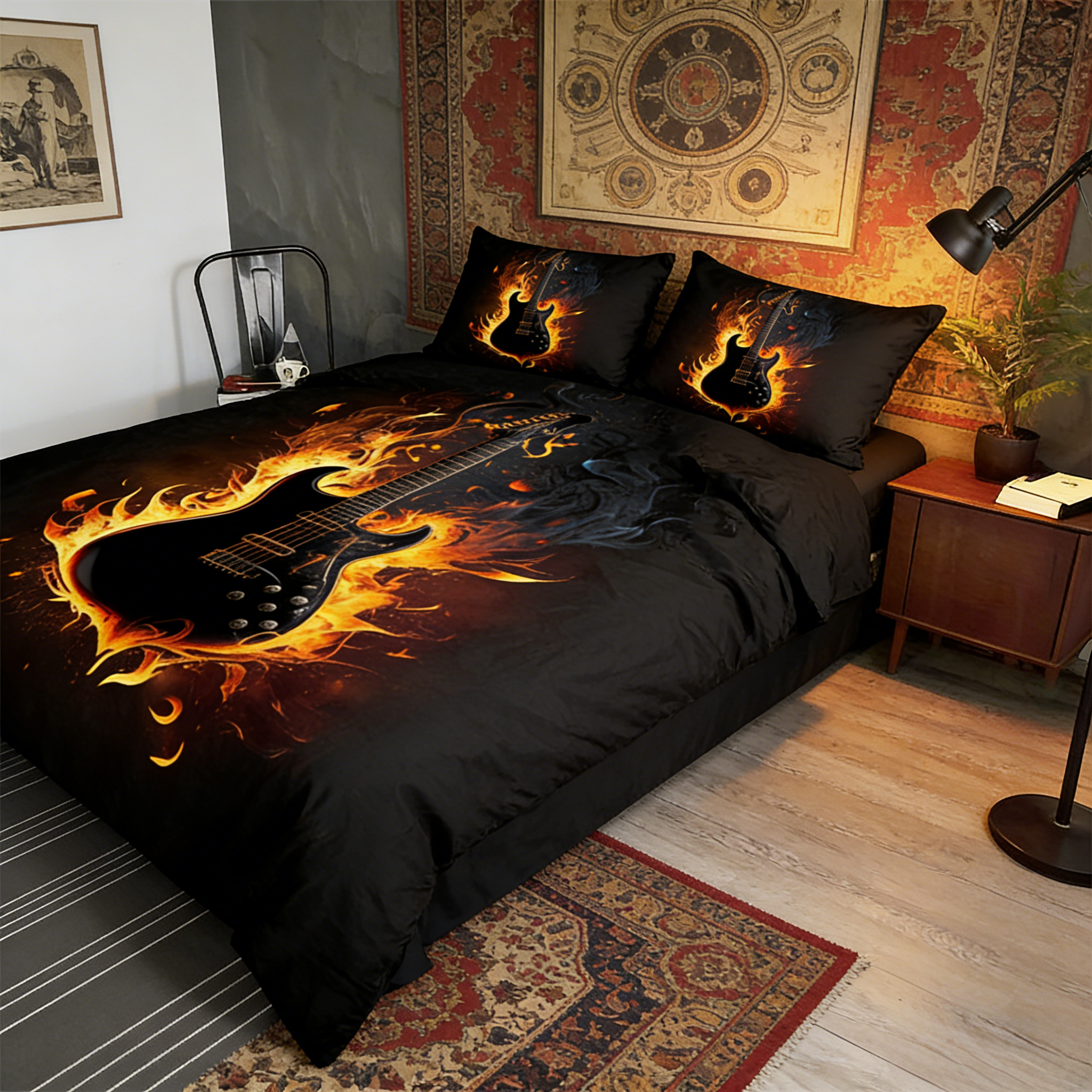 Retro Harley-Davidson style pattern 3-Piece Quilted Bedding Set