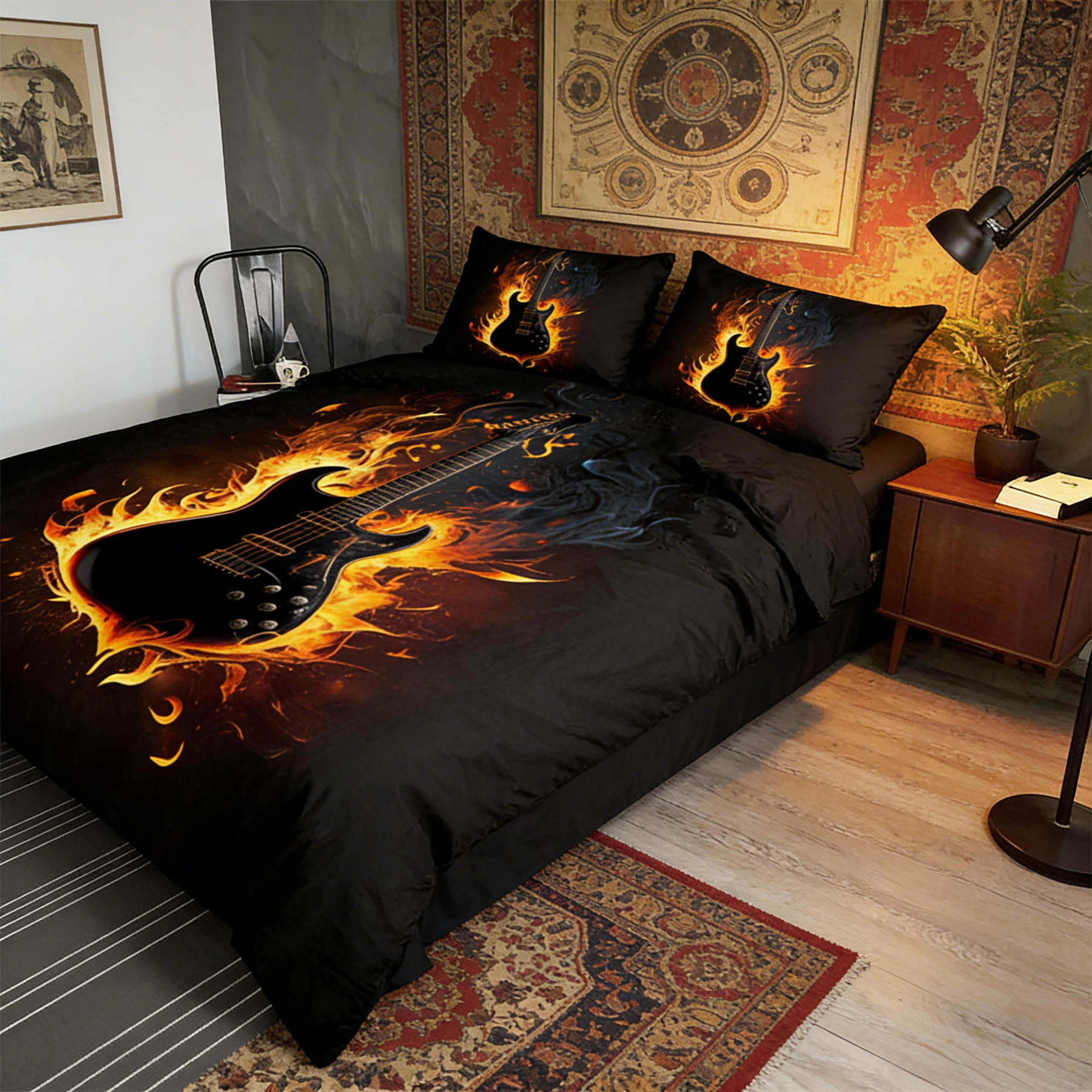 Retro Harley-Davidson style pattern 3-Piece Quilted Bedding Set