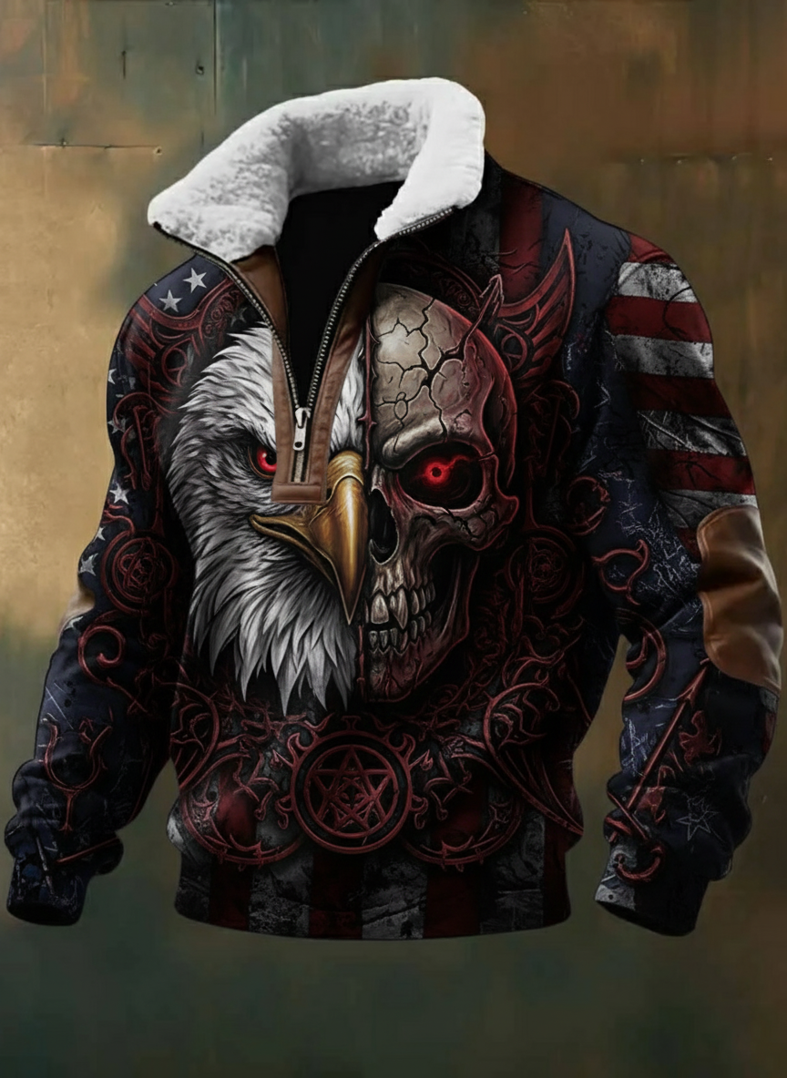 Patriotic American Eagle Skull Graphic Print Sherpa Fleece Jacket
