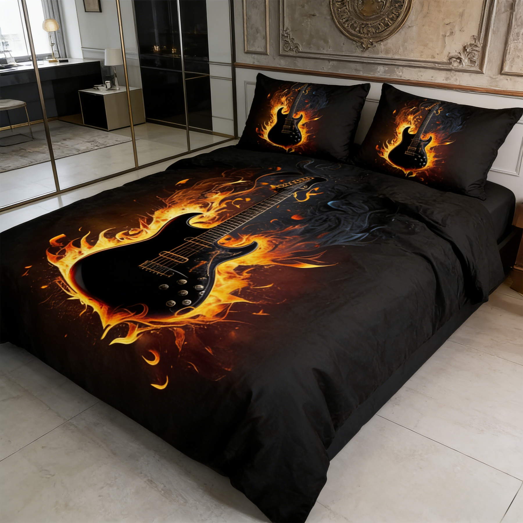 Retro Harley-Davidson style pattern 3-Piece Quilted Bedding Set