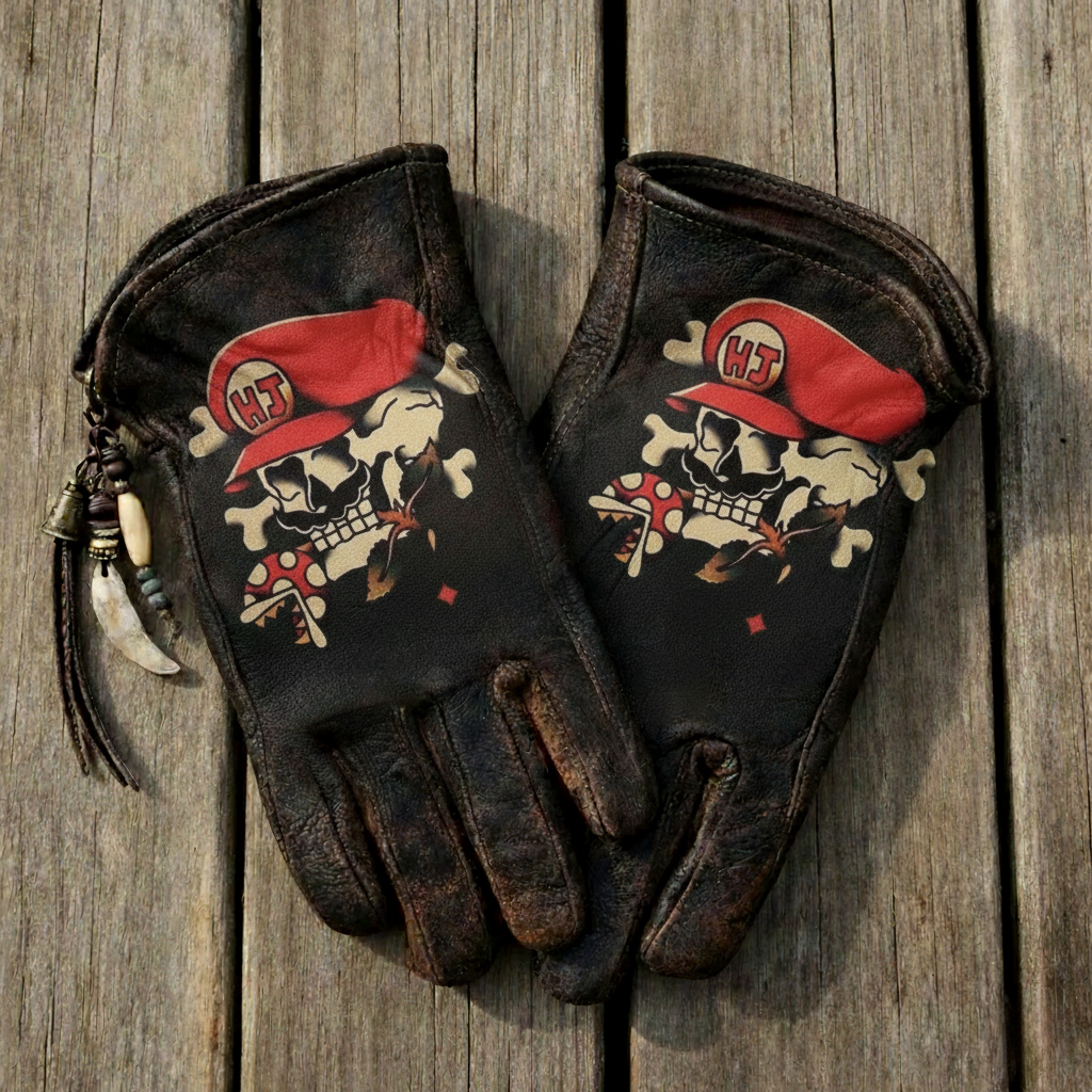 Vintage Distressed Leather Skull Graphic Custom Motorcycle Gloves