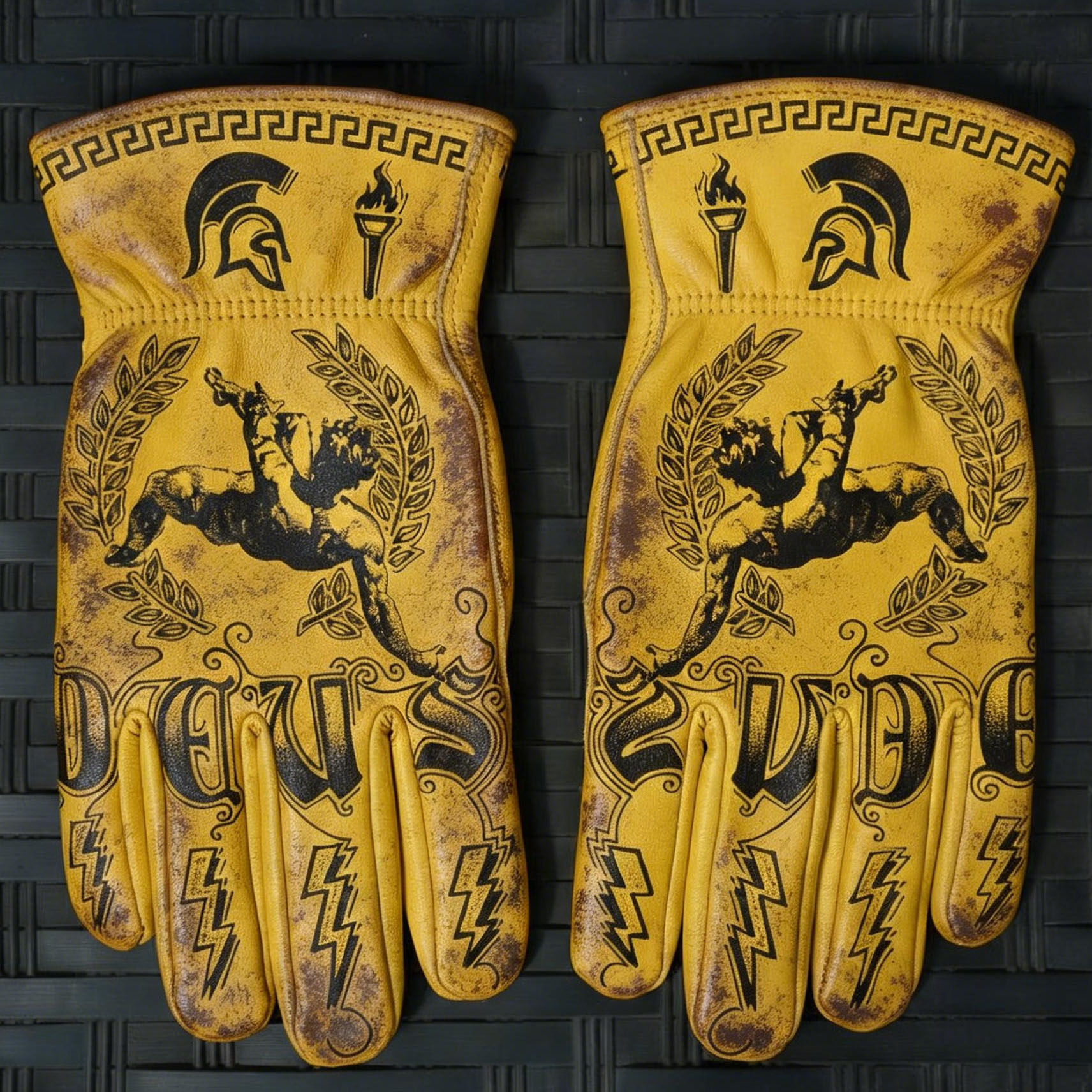 Vintage Greek Mythology Cowhide Leather Motorbike Riding Gloves
