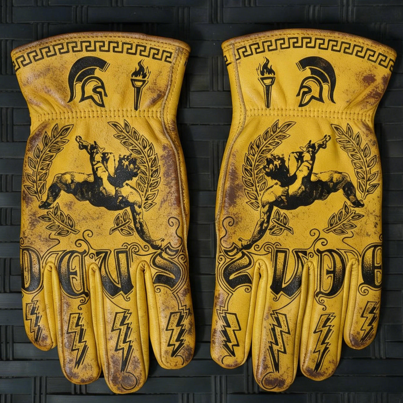 Vintage Greek Mythology Cowhide Leather Motorbike Riding Gloves
