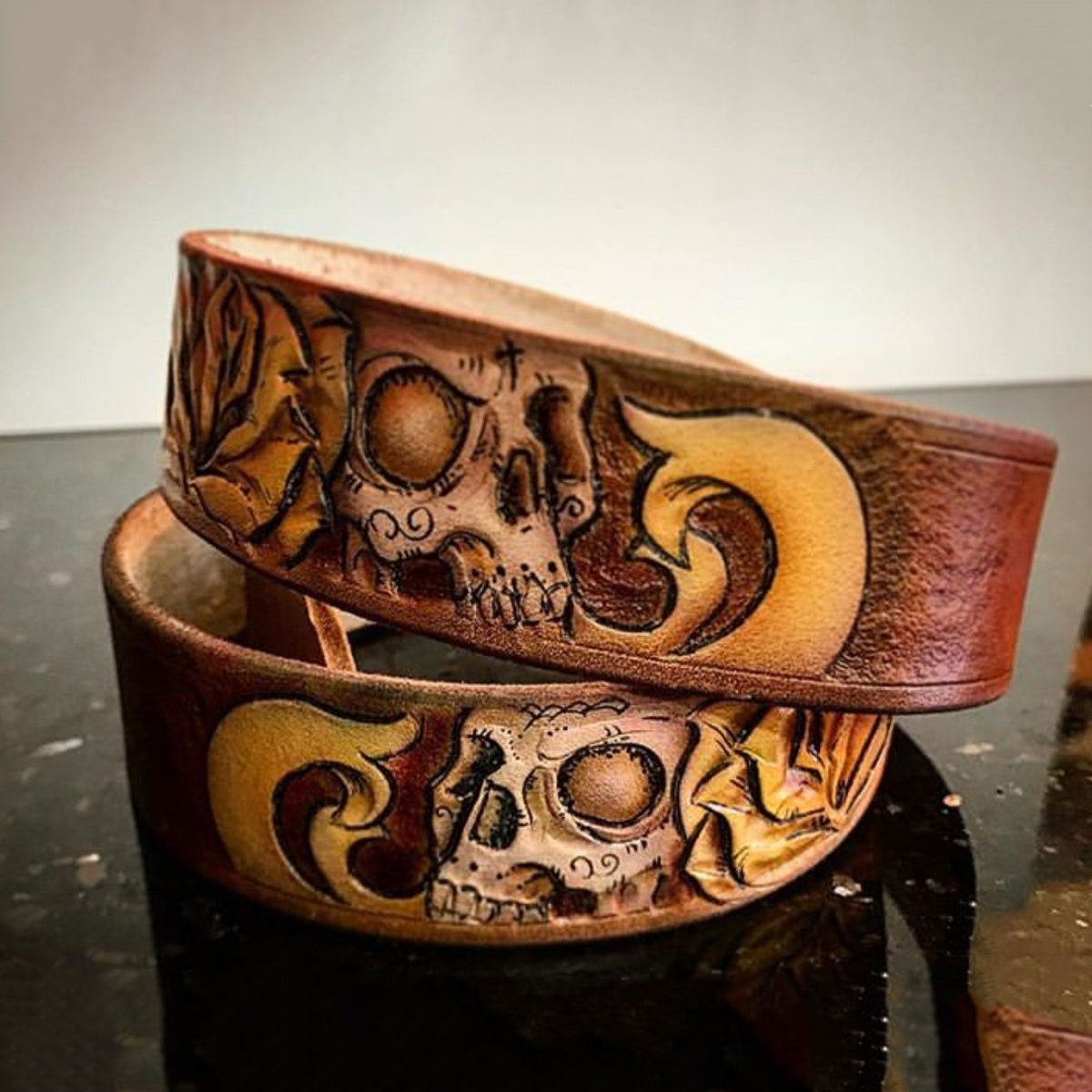 Gothic Hand Carved Skull Floral Embossed Genuine Leather Belt