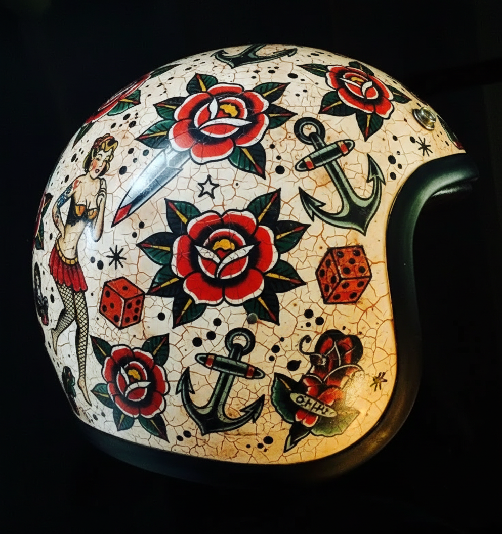 Vintage Rock Culture Distressed Graphics Open Face Motorcycle Helmet