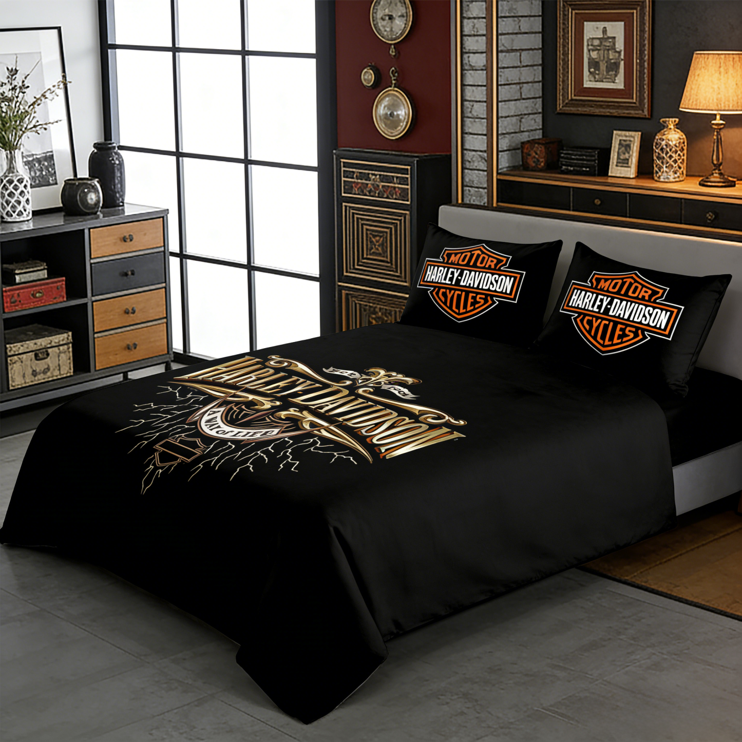 Retro Harley-Davidson style pattern 3-Piece Quilted Bedding Set