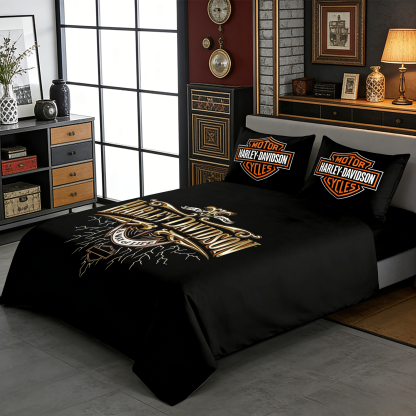 Retro Harley-Davidson style pattern 3-Piece Quilted Bedding Set
