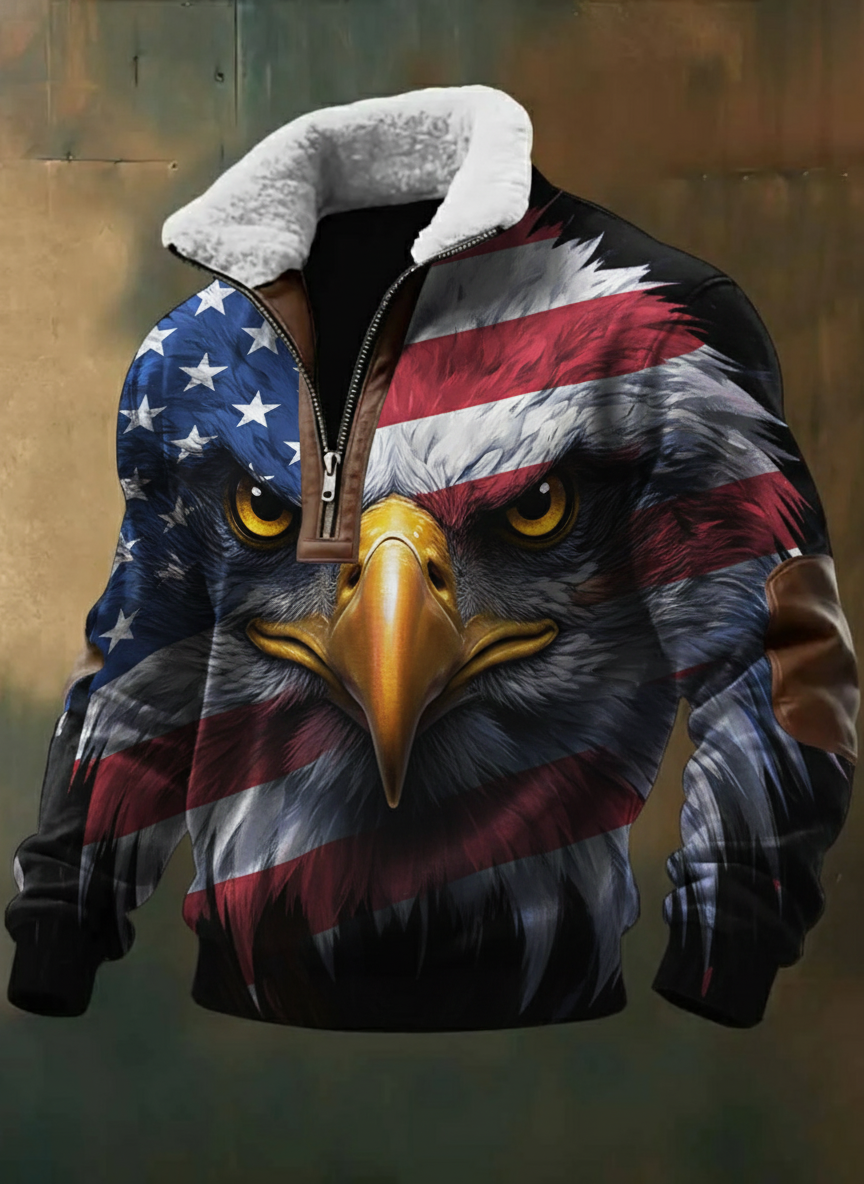Patriotic American Flag Bald Eagle Graphic Print Sherpa Fleece Jacket
