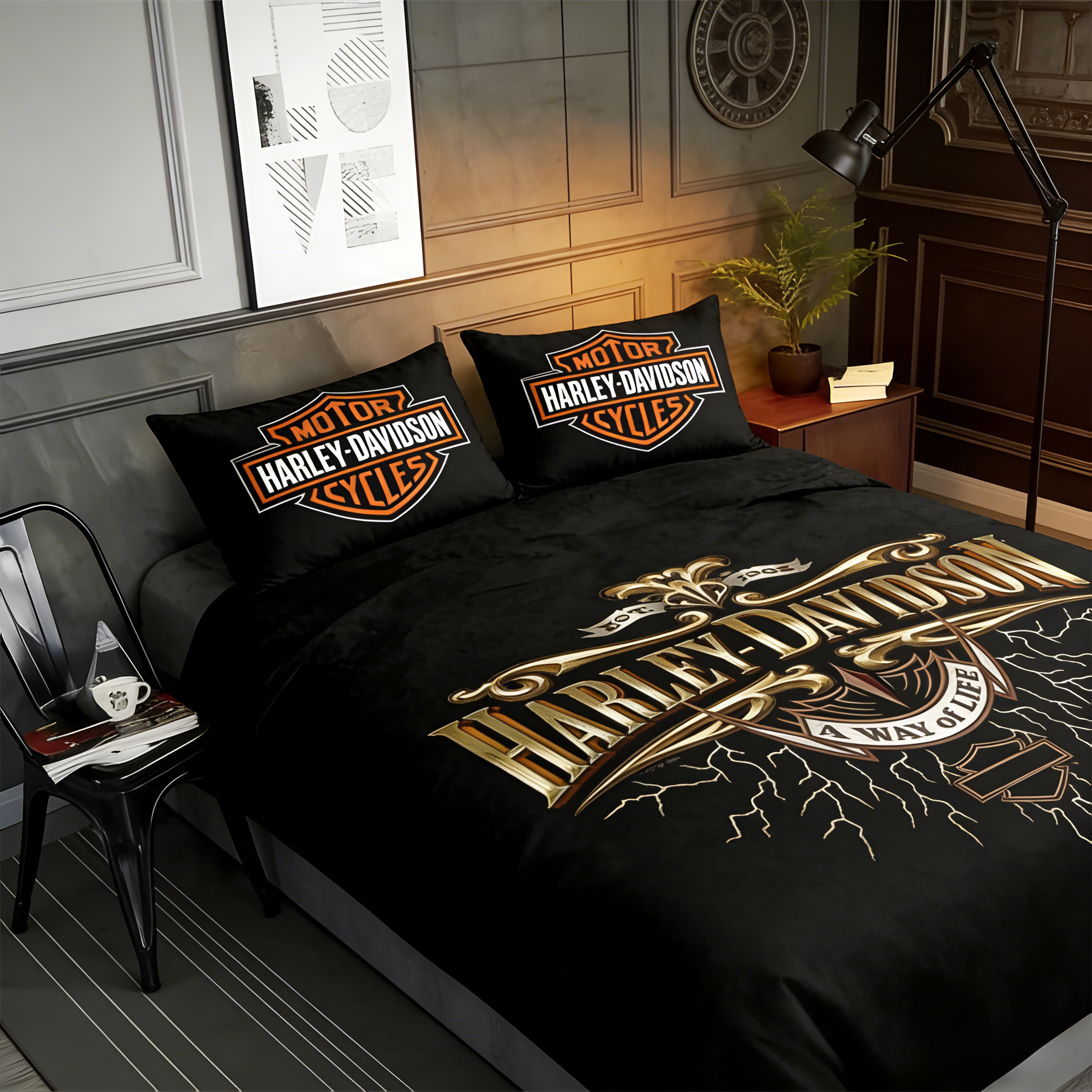 Retro Harley-Davidson style pattern 3-Piece Quilted Bedding Set