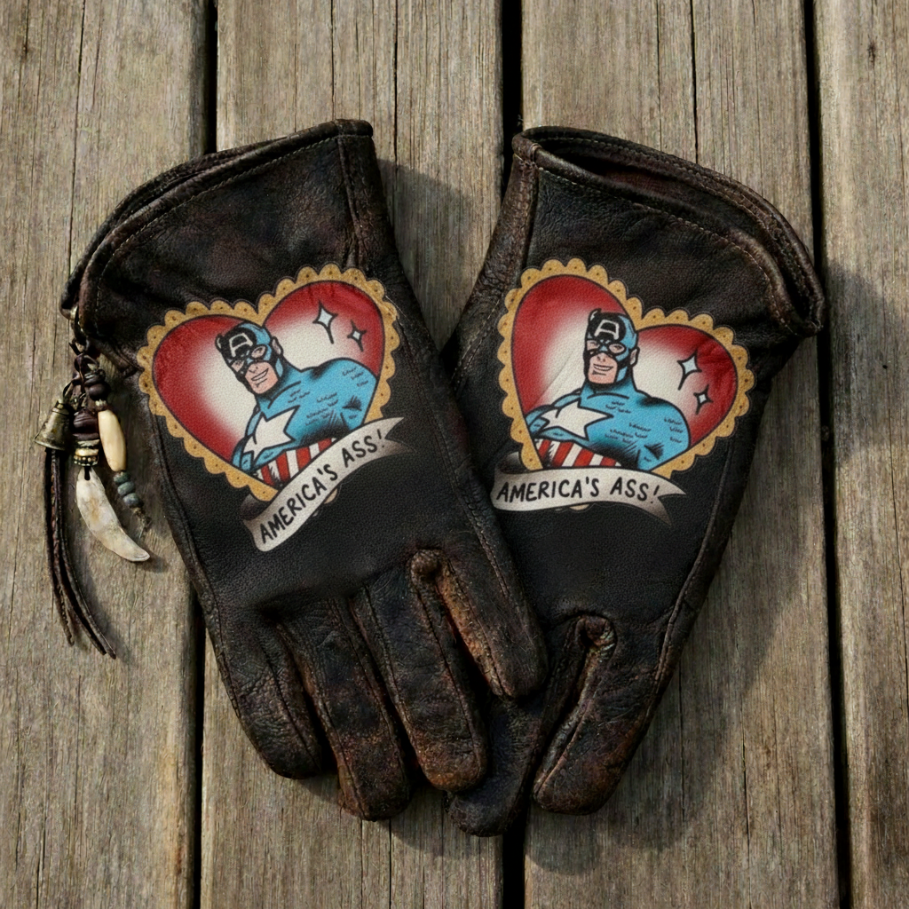 Vintage Distressed Pop Culture Hero Graphic Distressed Leather Work Gloves