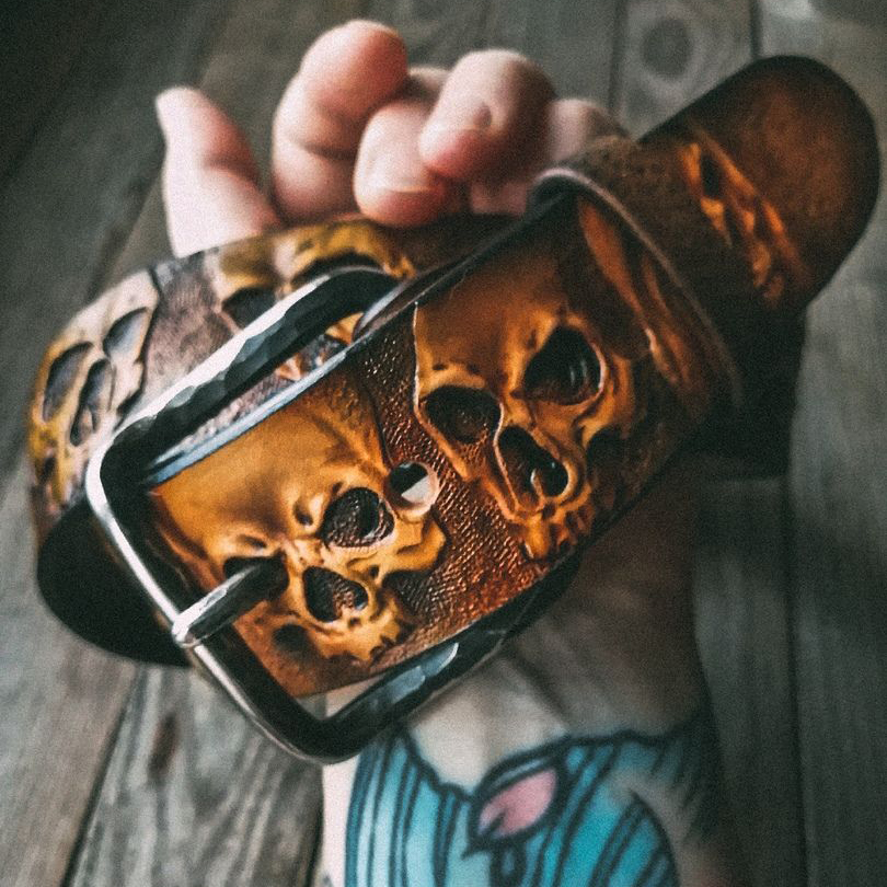 Gothic Hand Tooled Skull Floral Pattern Genuine Leather Belt