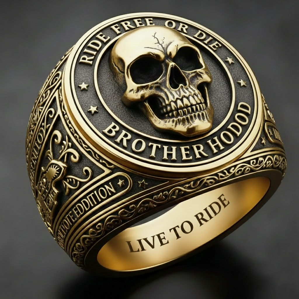 Biker Gold Skull Ring Ride Free Or Die Brotherhood