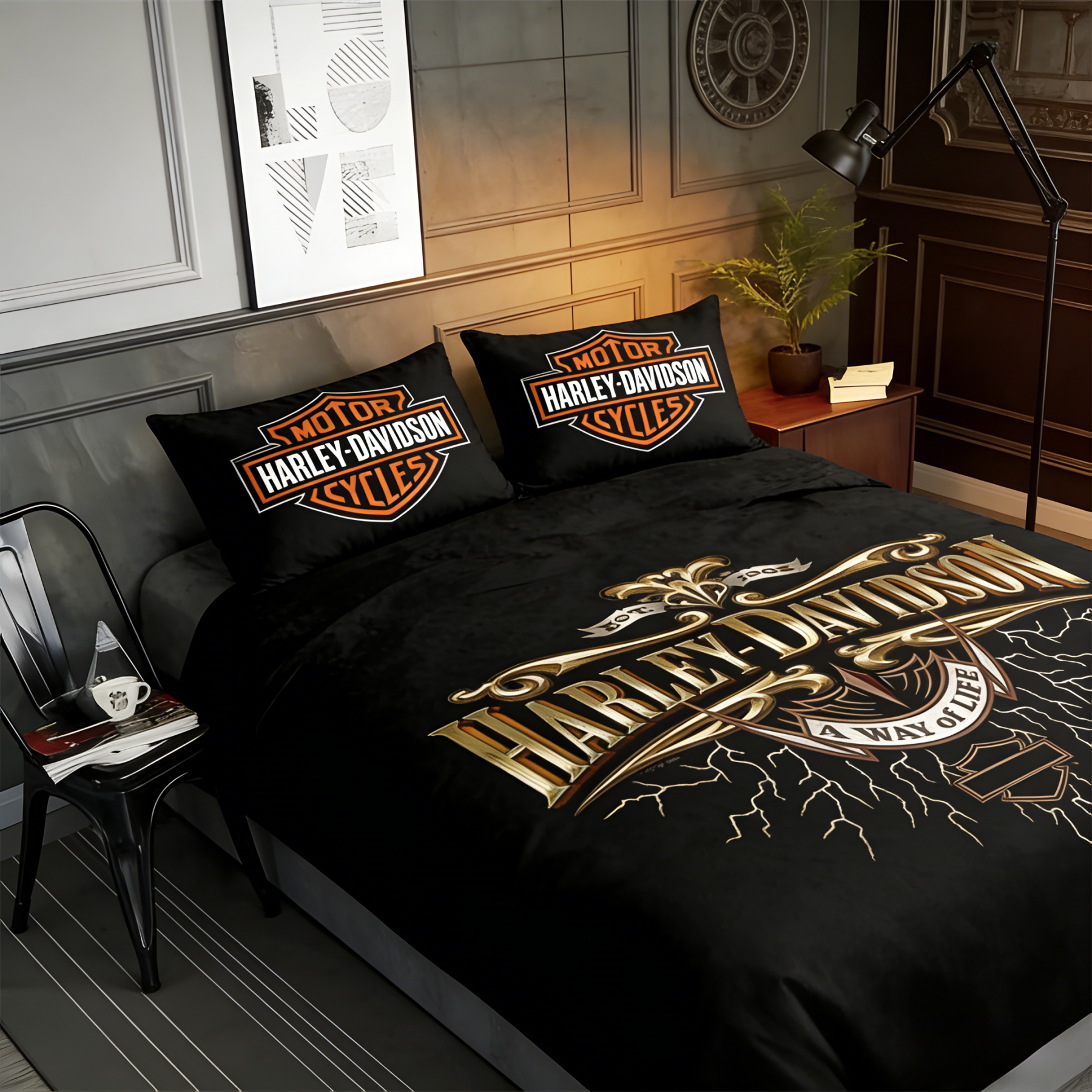 Retro Harley-Davidson style pattern 3-Piece Quilted Bedding Set