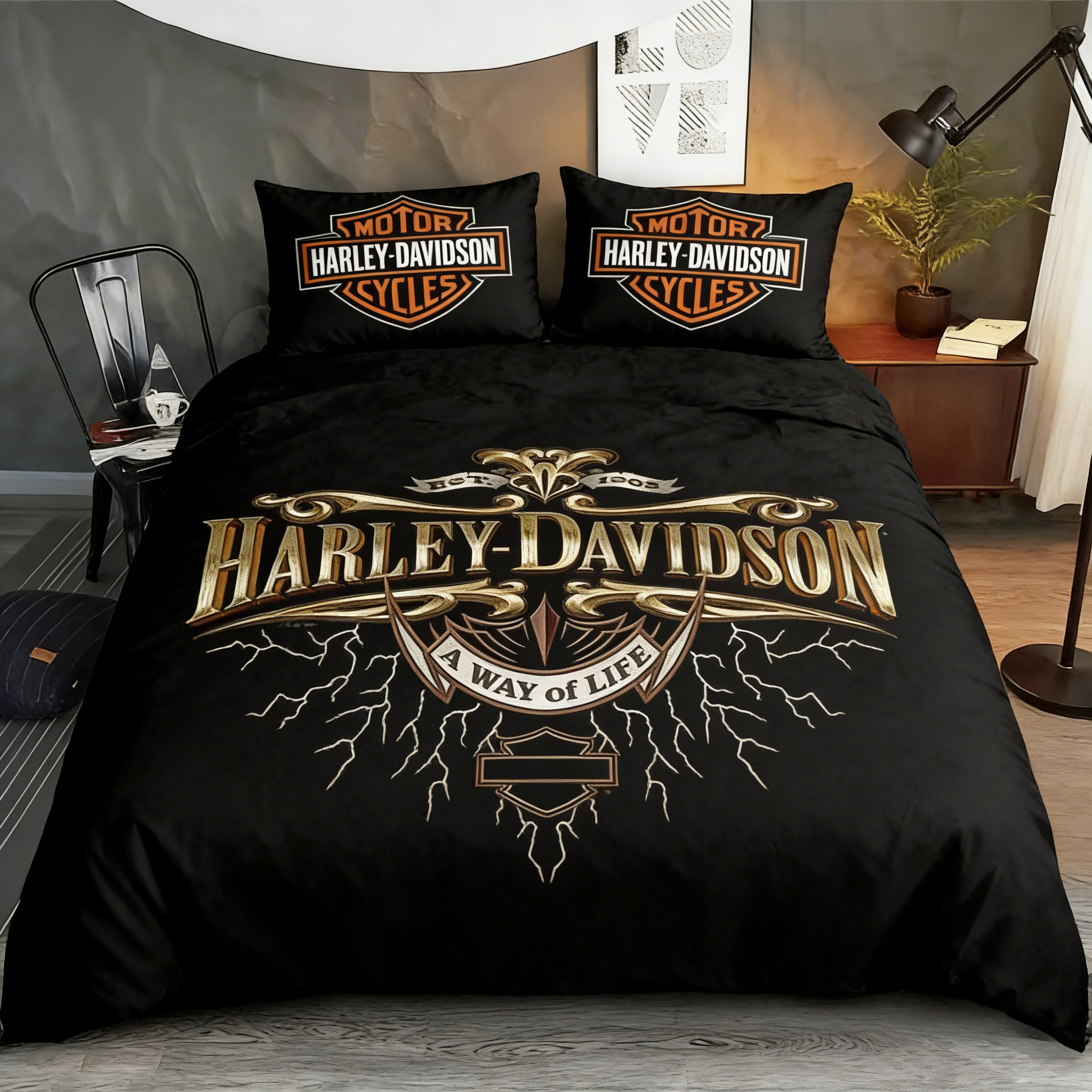 Retro Harley-Davidson style pattern 3-Piece Quilted Bedding Set