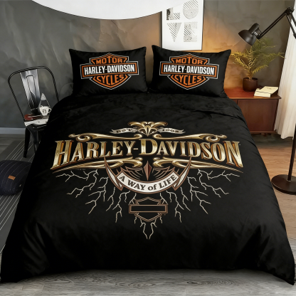 Retro Harley-Davidson style pattern 3-Piece Quilted Bedding Set