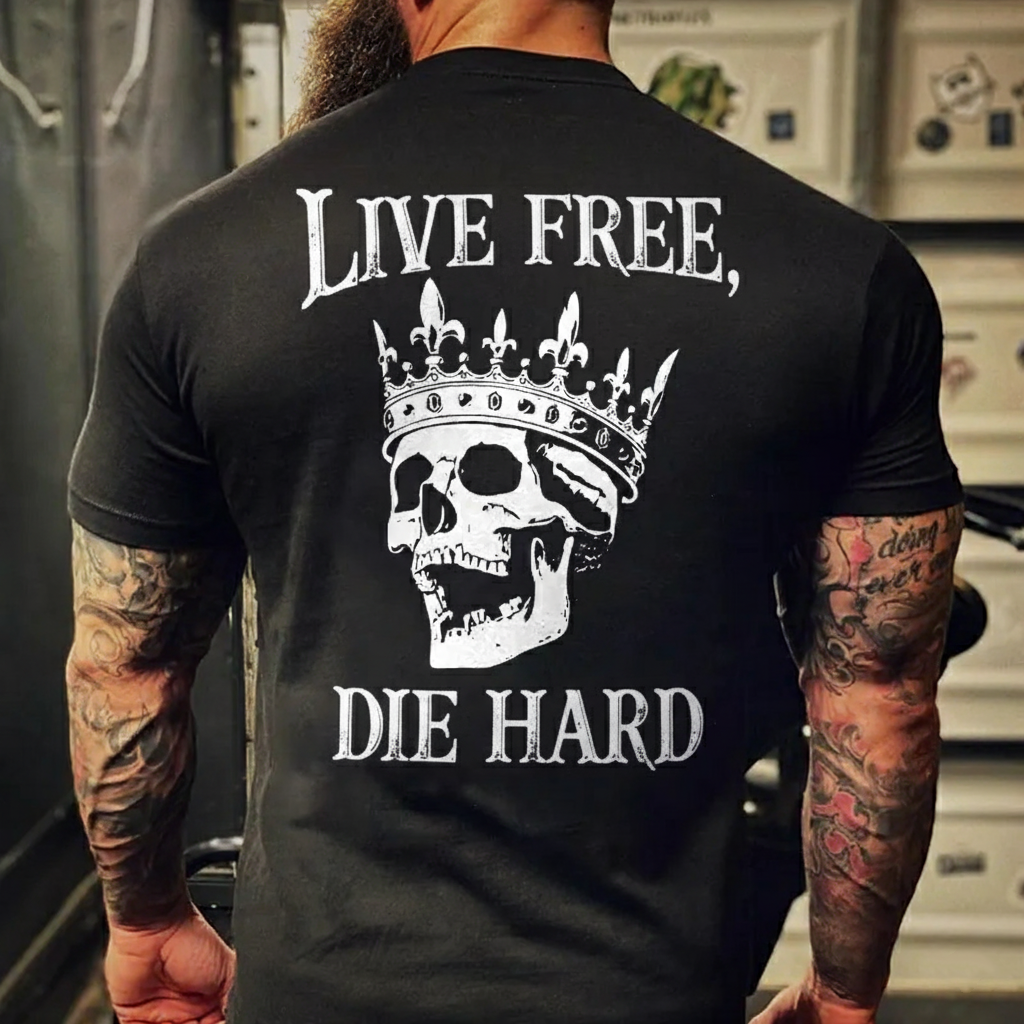Live Free, Die Hard" Skull Crown Design T-shirt