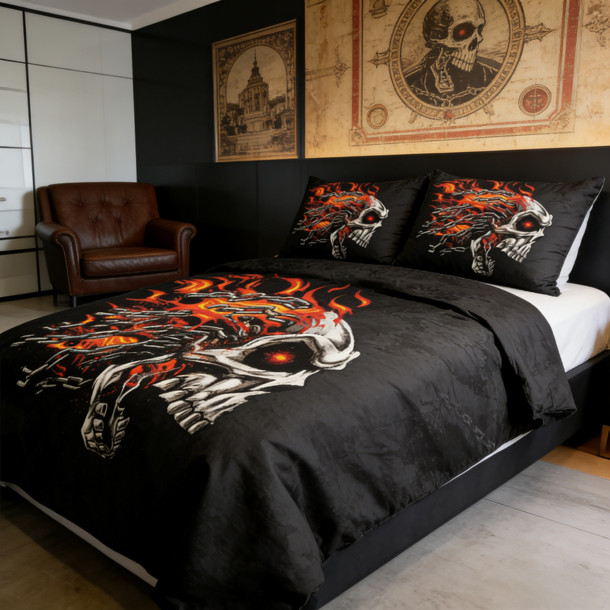 Retro Harley-Davidson style pattern 3-Piece Quilted Bedding Set