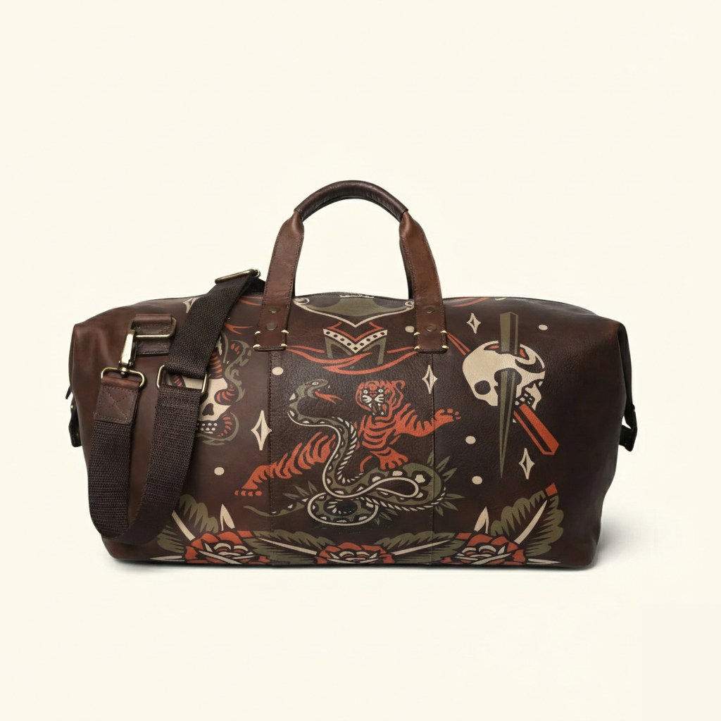 Vintage Tattoo Art Leather Edgy Graphics Duffel Bag