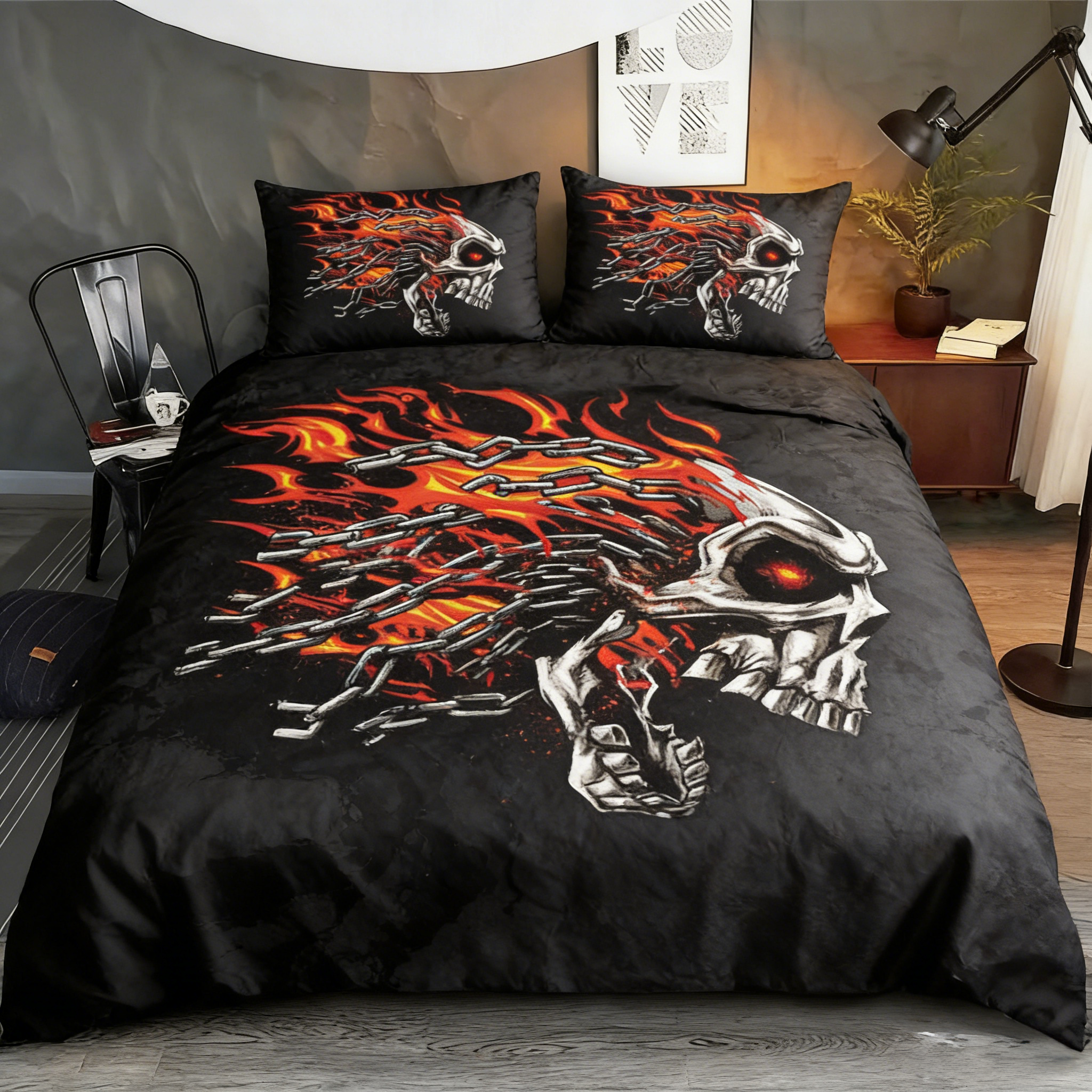 Retro Harley-Davidson style pattern 3-Piece Quilted Bedding Set