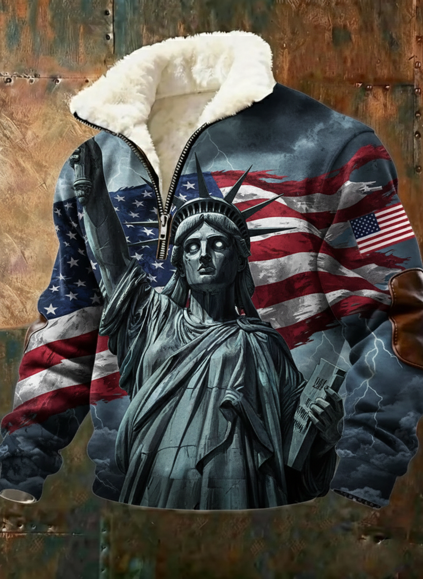 Patriotic Liberty Statue Flag Graphic Print Sherpa Fleece Jacket