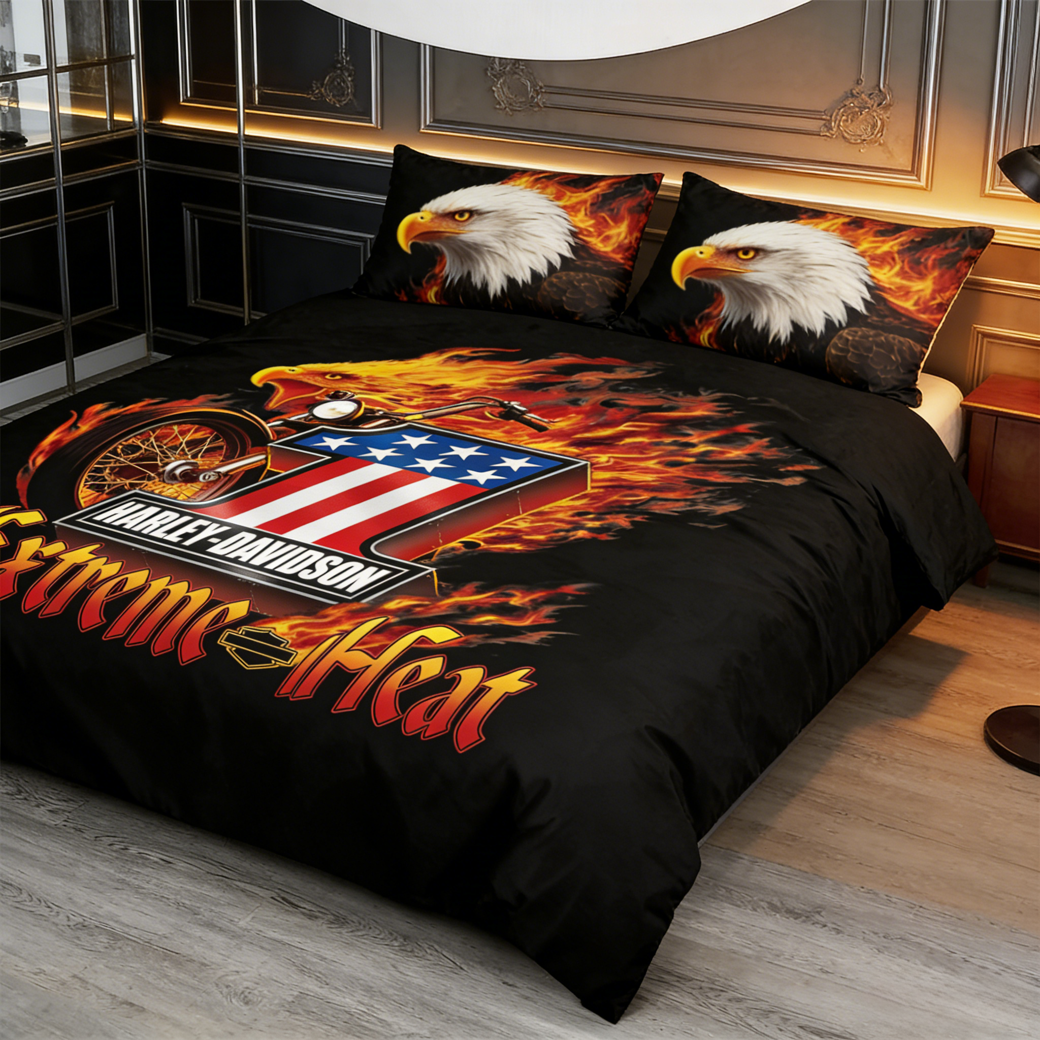 Retro Harley-Davidson style pattern 3-Piece Quilted Bedding Set