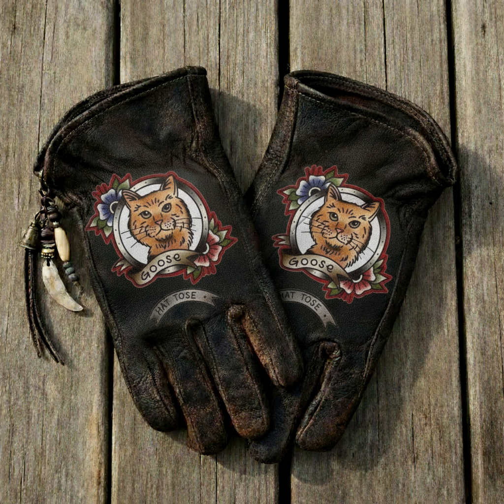 Vintage Distressed Handcrafted Cat Portrait Art Leather Work Gloves